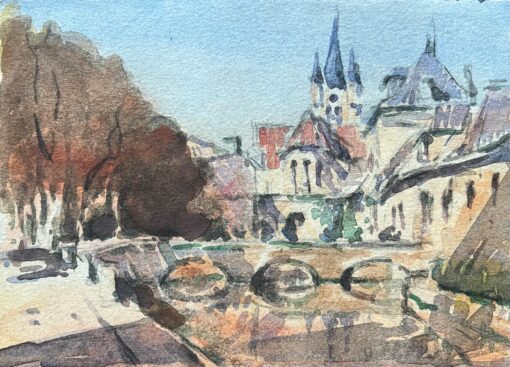 French Impressionist Watercolor of Cityscape with Bridge and Spires