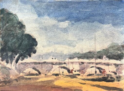 French Impressionist Watercolor of Parisian Bridge Scene