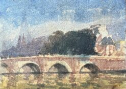 French Impressionist Watercolor of Parisian Bridge Stretching Across the Seine