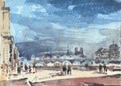 Impressionist Watercolor Parisian Bridge Scene with Notre-Dame in the Distance