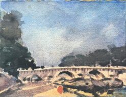 French Impressionist Watercolor of Sunlit Parisian Bridge Over the River Seine