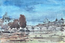French Impressionist Watercolor of Paris Riverbank Scene with Dome