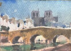French Impressionist Watercolor of Paris Riverbank Scene Notre Dame and Bridge