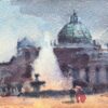 French Impressionist Watercolor of Grand Domed Structure at Dusk in Paris