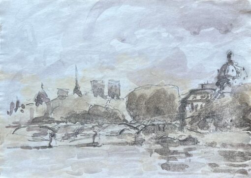 French Impressionist Watercolor of Notre-Dame and the Parisian Riverbanks
