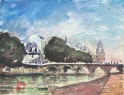 French Impressionist Watercolor of View of Parisian Riverbanks with Bridge