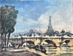 French Impressionist Watercolor of View of Silhouette of the Eiffel Tower