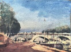 French Impressionist Watercolor of Sunlit Bridge over the River Seine