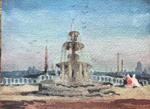 French Impressionist Watercolor of Fontaine des Mers at Place de la Concorde