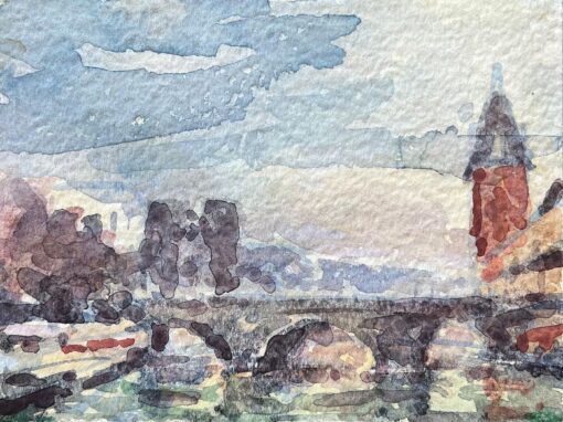 French Impressionist Watercolor of the Pont Neuf and the Seine River