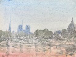 French Impressionist Watercolor of Notre-Dame and the Paris Skyline at Dusk