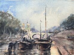 French Impressionist Watercolor of Notre-Dame and the Seine with Boats