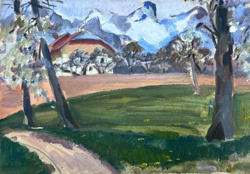 1930's Gouache Painting French White Mountains In Green Field Landscape