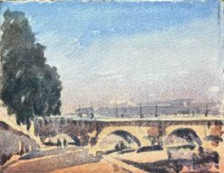 French Impressionist Watercolor of Pont Neuf with Sunlit Riverbank