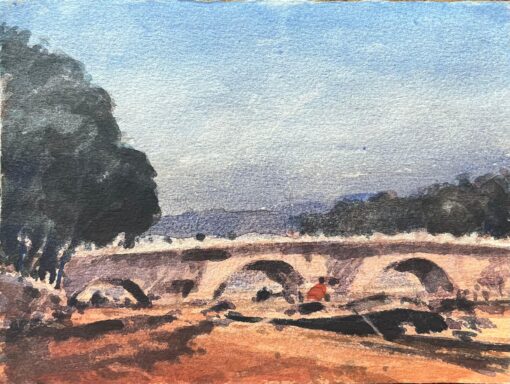 French Impressionist Watercolor of Pont Neuf with Riverside Walk in Paris