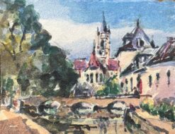 French Impressionist Watercolor of a Riverside View with Church Tower