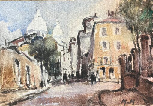 French Impressionist Watercolor of Parisian Street Scene with Sacré-Cœur Basilic
