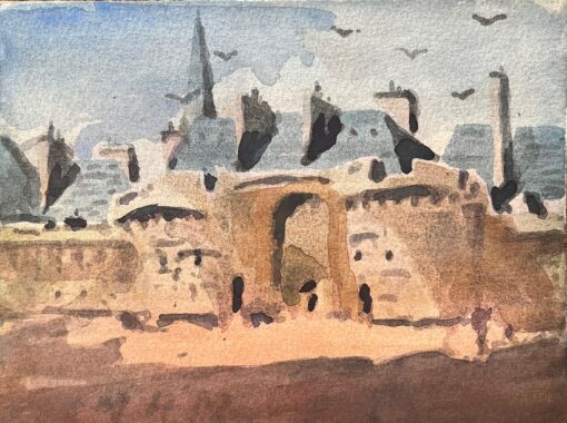 French Impressionist Watercolor of Historic Architectural Facade