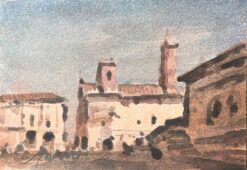 French Impressionist Watercolor of a Sunlit Town Square with Tower