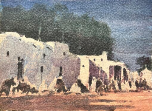 French Impressionist Watercolor of a Traditional Whitewashed Village