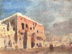 French Impressionist Watercolor of a Sunlit Building in a Town Square