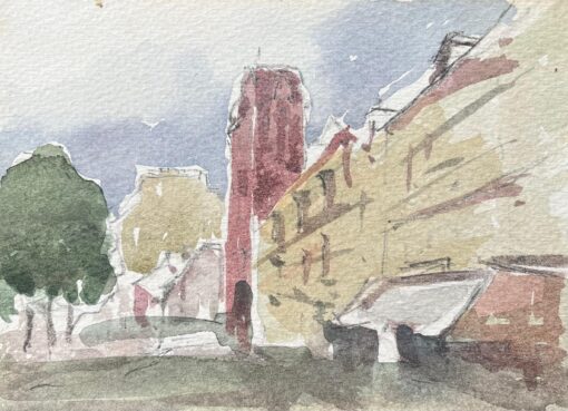 French Impressionist Watercolor of a Quiet Street with Red Tower