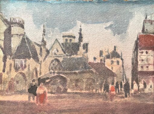 French Impressionist Watercolor of Bustling Town Square with Gothic Architecture
