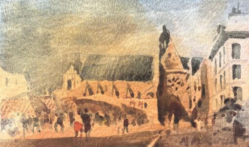 French Impressionist Watercolor of a Bustling Market Scene with Gothic Church