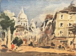French Impressionist Watercolor of Sacré-Cœur and Montmartre Street Scene