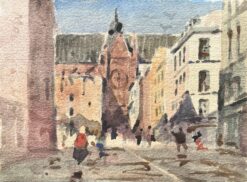 French Impressionist Watercolor of a European Street Scene with Gothic Church