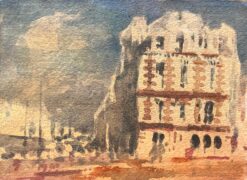 French Impressionist Watercolor of a Sunlit Building in a European Town