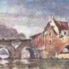 French Impressionist Watercolor of a Stone Bridge and Riverside Buildings