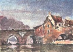 French Impressionist Watercolor of a Stone Bridge and Riverside Buildings