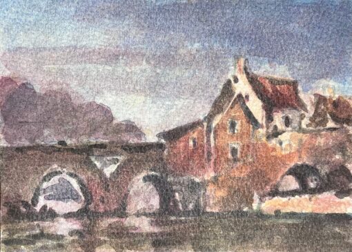 French Impressionist Watercolor of a Stone Bridge and Riverside Buildings
