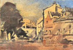 French Impressionist Watercolor of a Sunlit European Townscape