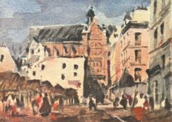 French Impressionist Watercolor of a Bustling Market Square with Gothic Church