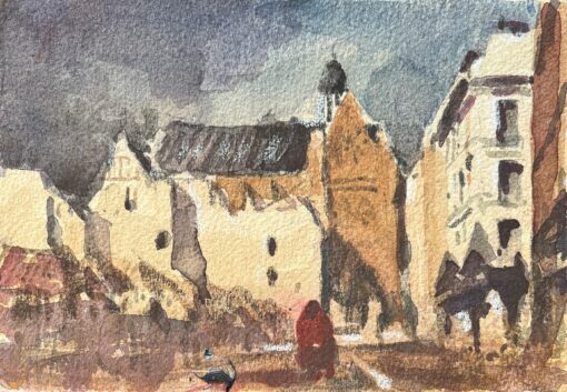 French Impressionist Watercolor of a Gothic Church and Town Square