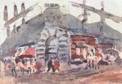 French Impressionist Watercolor of a Busy Market Scene with Arched Building