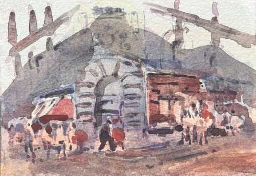 French Impressionist Watercolor of a Busy Market Scene with Arched Building