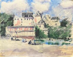 French Impressionist Watercolor of a Beach Scene with a Sunlit Building