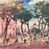 French Impressionist Watercolor of a Tree-Lined Street in a Bustling City
