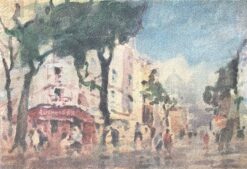 French Impressionist Watercolor of a Street Scene with Trees and Buildings