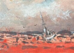 French Impressionist Watercolor of Coastal Scene of a Beached Sailboat