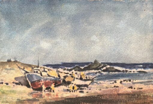 French Impressionist Watercolor of Coastal Scene with Fishing Boats and Figures