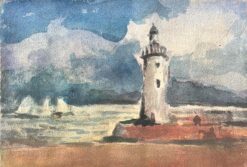 French Impressionist Watercolor of Coastal Lighthouse Scene