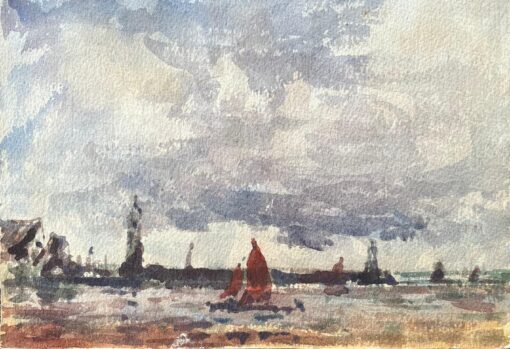 French Impressionist Watercolor of Sailboats in a Calm Bay