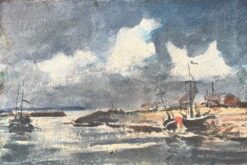 French Impressionist Watercolor of Boats on a Stormy Coast