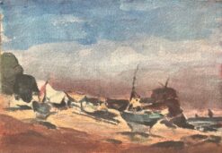 French Impressionist Watercolor of Fishing Boats on a Sandy Shore