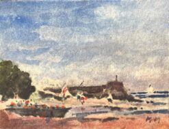 French Impressionist Watercolor of Boats and Coastal Figures at the Shore