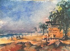 French Impressionist Watercolor of Lifeguard Station Beach Scene
